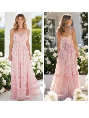 Peachy pink floral dress maxi ruffle tiers front slit corset zipper back boho  8